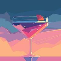 Cocktail in a glass on a background of mountains. Vector illustration