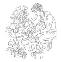 Gardening coloring page in doodle technique. Person with plants. vector