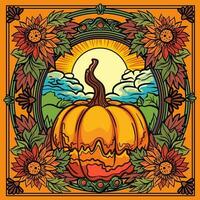 Pumpkin with landscape and sun on the sky coloring page vector