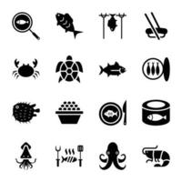 Seafood, Fish, Lobster and Shrimp Glyph Icons vector