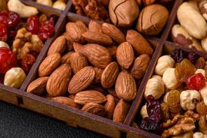 Mix of roasted macadamia nuts, cashews, pecans, almonds, raisins and dry berries photo