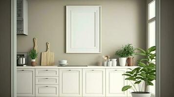 3D Composition of Minimalist Kitchen Interior Design, Plant Pots And Blank Frame Mockup. photo