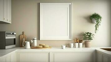 3D Composition of Functional Minimalist Kitchen Interior With Plant Pots And Blank Frame Mockup. photo