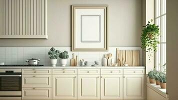 3d composición de funcional cocina interior con blanco marco Bosquejo y ventana decorado por planta ollas. foto