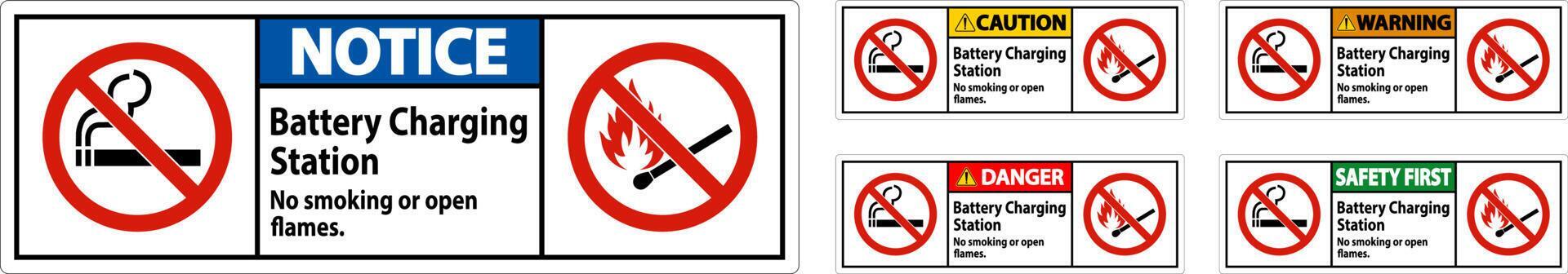 Caution Sign Battery Charging Station, No Smoking Or Open Flames