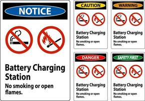 Caution Sign Battery Charging Station, No Smoking Or Open Flames vector