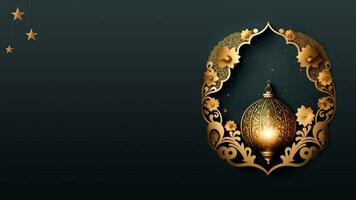 3D Render Of Arabic Lantern Hang And Golden Islamic Frame With Copy Space. Islamic Religious Concept. photo