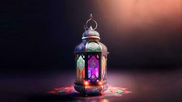 Realistic Illuminated Arabic Lantern On Mandala. Islamic Religious Concept. 3D Render. photo