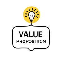 Value proposition word writing text quote. Badge with lightbulb icon. Flat style vector illustration.
