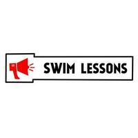 Swim lessons. Megaphone icon. Sticker for social media content. Flat vector illustration