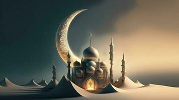 3D Render of Exquisite Crescent Moon With Glowing Mosque On Sand Dune. Islamic Religious Concept. photo