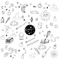 Hand drawn doodle set of occult symbols. Magic symbols set. Magic elements collection. vector