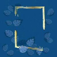 Tropical leaves and gold frame. Vector design. Blue and gold colors.