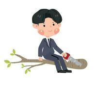 Business Man sitting on tree branch cutting it vector