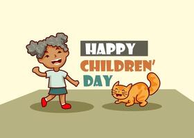 world children's day poster, children's day banner, little boy character, african girl cartoon, orange cat cartoon vector