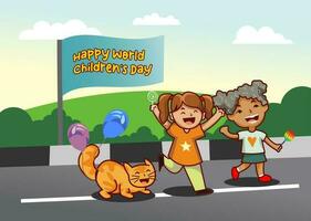 mundo para niños día póster, para niños día bandera, pequeño chico personaje, dibujos animados dos muchachas de dos diferente etnias con un naranja gato caminando en el calle, dibujos animados antecedentes vector