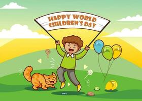 mundo para niños día póster, para niños día bandera, pequeño chico personaje, dibujos animados chico jugando con gato ondulación para niños día bandera, dibujos animados antecedentes vector
