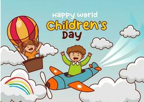 mundo para niños día ilustración, para niños día bandera, pequeño chico personaje, dibujos animados chico en un avión y niña en un caliente aire globo dibujos animados antecedentes vector