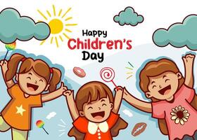 world children's day poster, children's day banner, little boy character, cartoon 3 girls celebrating children's day with cloud background, cartoon background vector