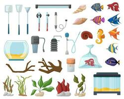 Aquarium and fish kit, various types of plants with stones, aquarium equipment, vector illustration on a white background.