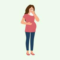 Pregnant woman  blowing nose into tissue, sneezing. Season allergy.Prevention against virus, infection.Vector illustration. vector