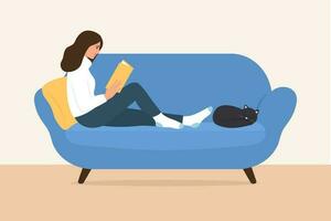 el niña vestido en un calentar suéter se sienta en el sofá y lee un libro. contento pacífico mujer descansando en acogedor habitación con gato. vector ilustración