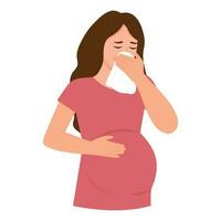 Pregnant woman  blowing nose into tissue, sneezing. Season allergy.Prevention against virus, infection.Vector illustration. vector