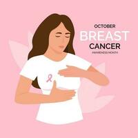 Breast cancer awareness month. A pink badge ribbon on woman chest to support breast cancer cause.Vector illustration vector
