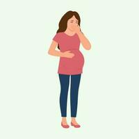 Nausea during pregnancy, vomiting. The pregnant woman suffers from nausea.  Poisoning,Abdominal pain.Isolated flat vector illustration