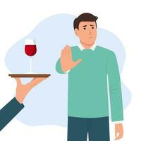 hombre en pie negarse de vaso de vino con elevado mano. sano estilo de vida y evitando alcohol concepto. vector plano ilustración