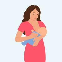 Breastfeeding mother. Woman feeding a baby with breast.  Lactation concept. World Breastfeeding Week. Flat vector illustration.