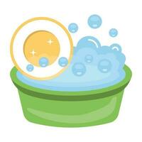 Graphic of a tub with bubbles in which utensil being dipped, denoting dishwashing icon vector