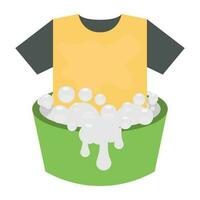 Shirt entering into a bucket fill to the brim with soap bubbles denoting soaking clothes icon vector