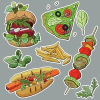 Vegetarian fast food sticker set. Beetroot burger, pizza, hot dog with carrots, vegetable skewers, french fries. vector