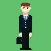 Standing business man in suit holding briefcase. Flat style vector illustration