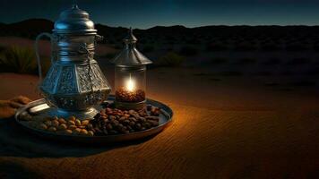 3D Render of Silver Arabic Jug With Glass Jar, Dry Fruits On Plate Against Sand Dune. Islamic Religious Concept. photo