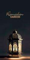 Ramadan Kareem Banner Design With Golden Glittery Text, Realistic Illuminated Arabic Lamp. 3D Render. photo