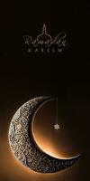 Ramadan Kareem Banner Design With 3D Render of Shiny Exquisite Crescent Moon And Hanging Star On Dark Brown Background. photo