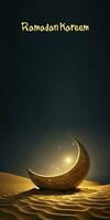 Ramadan Kareem Banner Design With 3D Render of Golden Crescent Moon On Sand Dune. photo