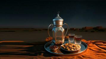 3D Render of Silver Arabic Jug With Glass, Dry Fruits On Plate Against Sand Dune. Islamic Religious Concept. photo