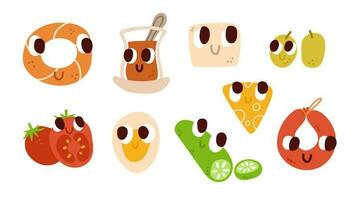 Breakfast food characters set for kids menu. Vector illustrations clip art.
