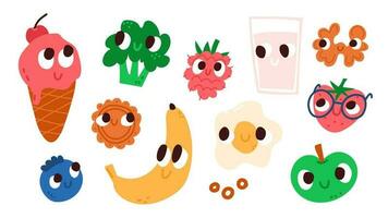 Funny cute childish food characters. Vector illustration set for kids menu.