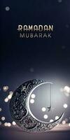 Ramadan Mubarak Banner Design, 3D Render of Exquisite Crescent Moon With Hanging Star On Bokeh Background. photo