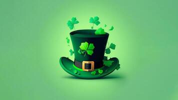 3D Render of Leprechaun Hat With Decorative Clover Leaves On Pastel Green Background. St. Patrick's Day Concept. photo