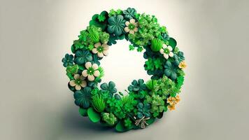 3D Render of Clover And Tropical Leaves Forming Wreath Against Gray Background. St. Patrick's Day Concept. photo