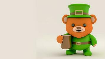 3D Render of Leprechaun Teddy Bear Holding Mug On Beige Background And Copy Space. St. Patrick's Day Concept. photo