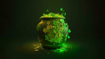 3D Render of Golden Coins Pot Decorated By Clover Leaves On Green Background And Copy Space. St. Patrick's Day Concept. photo