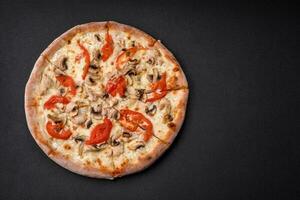 Delicious pizza with chicken, tomatoes and cheese with salt and sauce photo