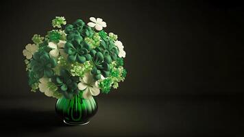 3D Render of White And Green Clover Plant Pot On Dark Background. St. Patrick's Day Concept. photo