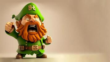 3D Render of Angry Leprechaun Man Character Standing And Copy Space. St. Patrick's Day Concept. photo